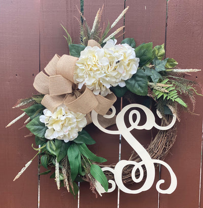 Year Round Wreath, Hydrangea Wreath, Monogram Wreath, Initial Wreath, Grapevine Wreath i