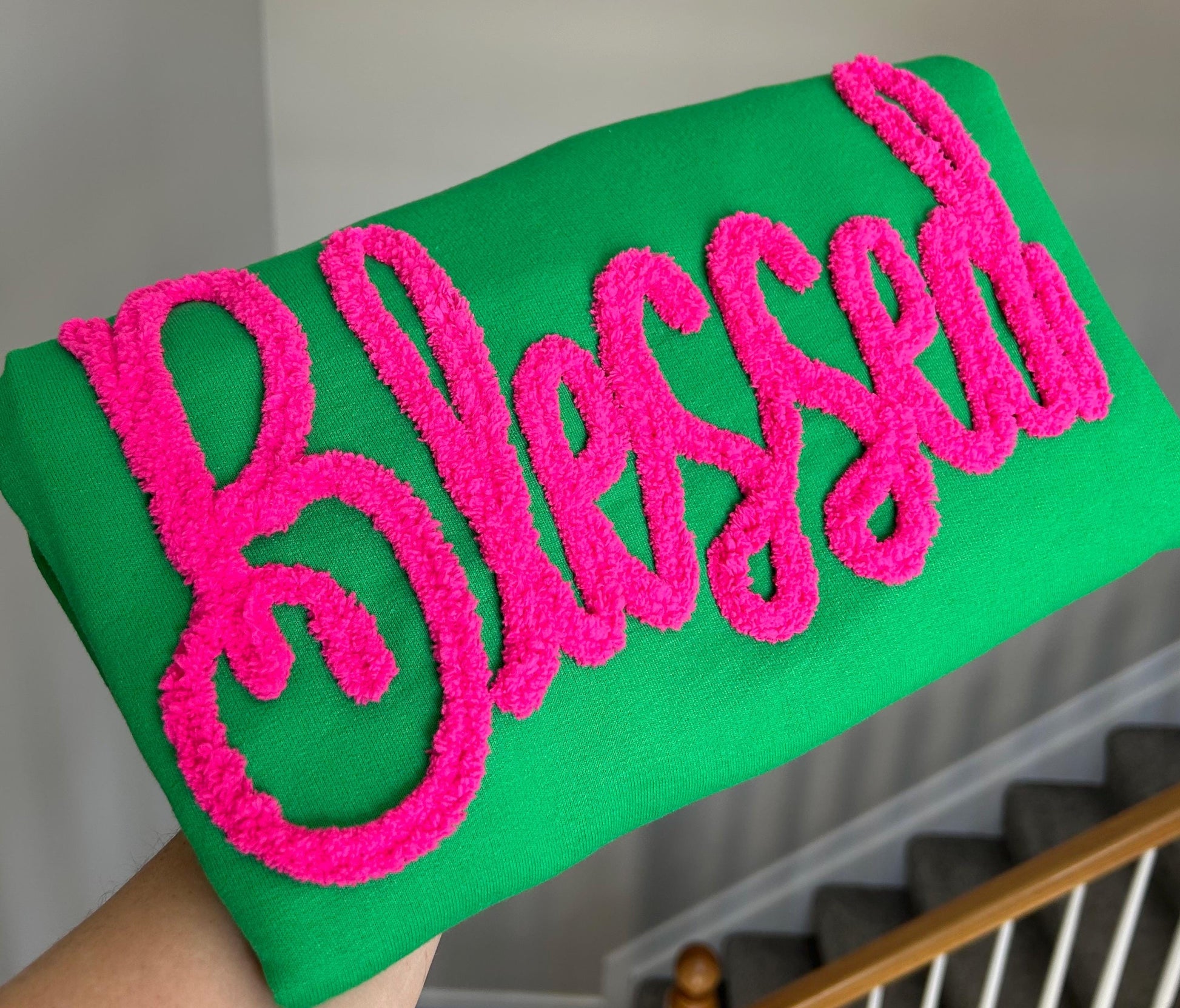 Blessed Chenille Sweatshirt, Custom Yarn Sweatshirt, Custom Applique Sweatshirt