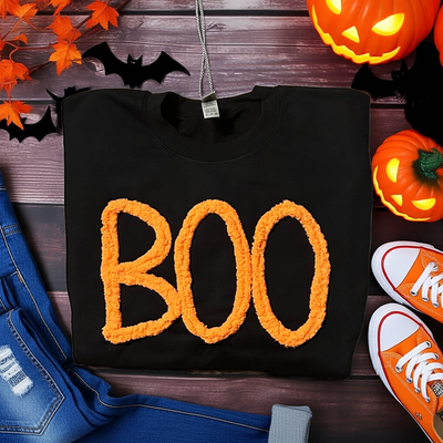 BOO Chenille Sweatshirt, Halloween Sweatshirt, Chenille Yarn BOO Sweatshirt, Orange Boo Sweatshirt