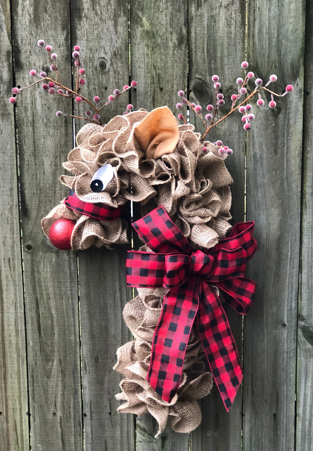 Burlap Reindeer Wreath, Burlap Candy Cane Reindeer Wreath