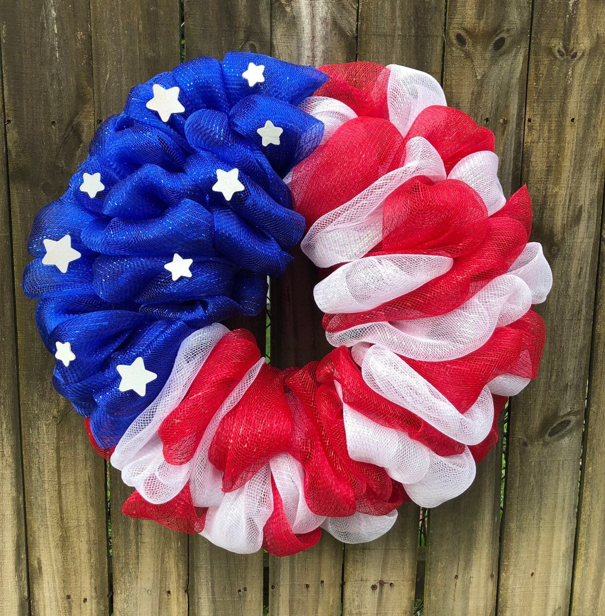 USA Patriotic American Flag July 4th Memorial Day Red White Blue Deco Mesh Ribbon Door Wreath