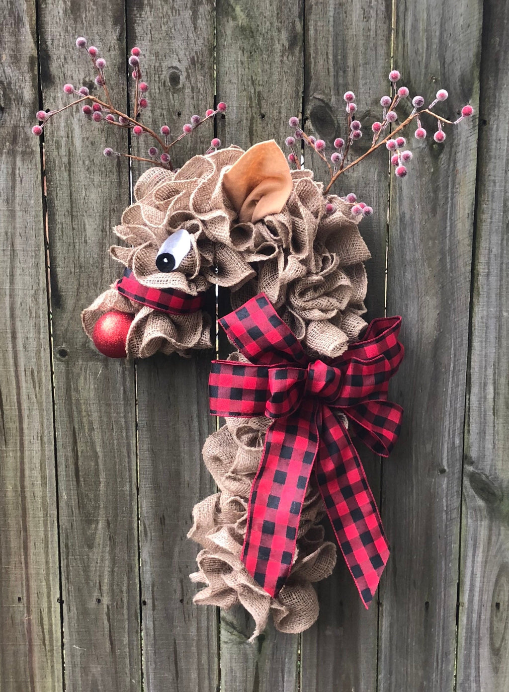Burlap Reindeer Wreath, Burlap Candy Cane Reindeer Wreath